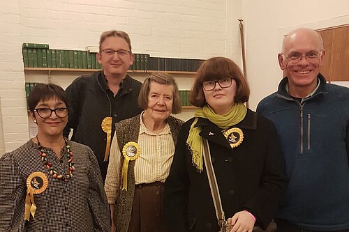 L to R: Lib Dems Amanda Taylor, Jamie Dalzell, Catherine Smart, the newly elected Cllr Immy Blackburn Horgan and Lib Dem leader Cllr Tim Bick.