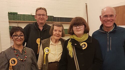 L to R: Lib Dems Amanda Taylor, Jamie Dalzell, Catherine Smart, the newly elected Cllr Immy Blackburn Horgan and Lib Dem leader Cllr Tim Bick.