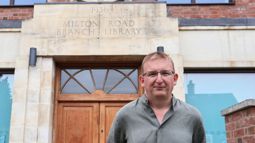 Jamie in front of Milton Road Library